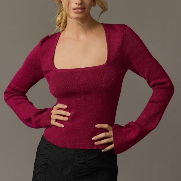 Maeve Anthropologie Square-Neck Bell-Sleeve Sweater in Pink Shimmer Size XL NWT - Picture 4 of 11